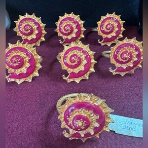 NWT Debra Skyler Design gold/red ornate sundial shell set of 7 napkin rings